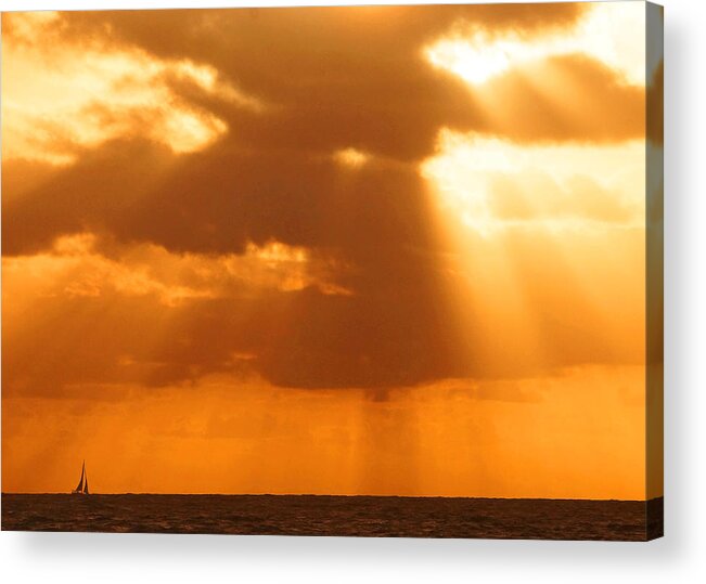 Sunrise Acrylic Print featuring the photograph Sailboat Bathed In Hazy 