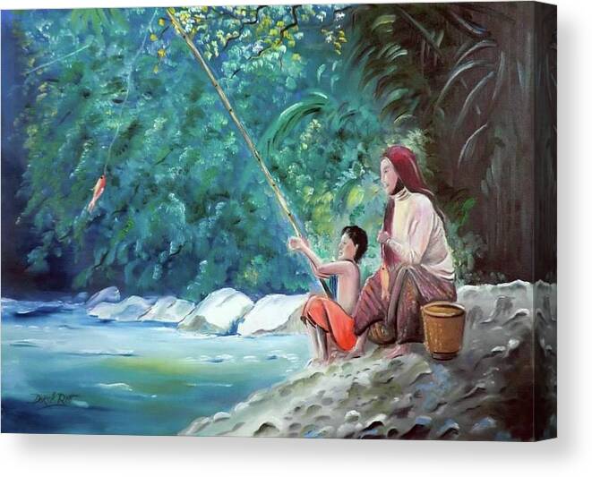 Southern Thai Boy Pole Fishing With His Mother By Derek Rutt Canvas Print featuring the painting Southern Thai Boy Pole Fishing With His Mother by Derek Rutt
