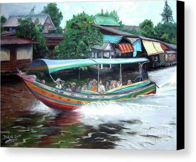 Long Tail Boats On The Canals Of Bangkok By Derek Rutt Canvas Print featuring the painting Long Tail Boats On The Canals Of Bangkok by Derek Rutt