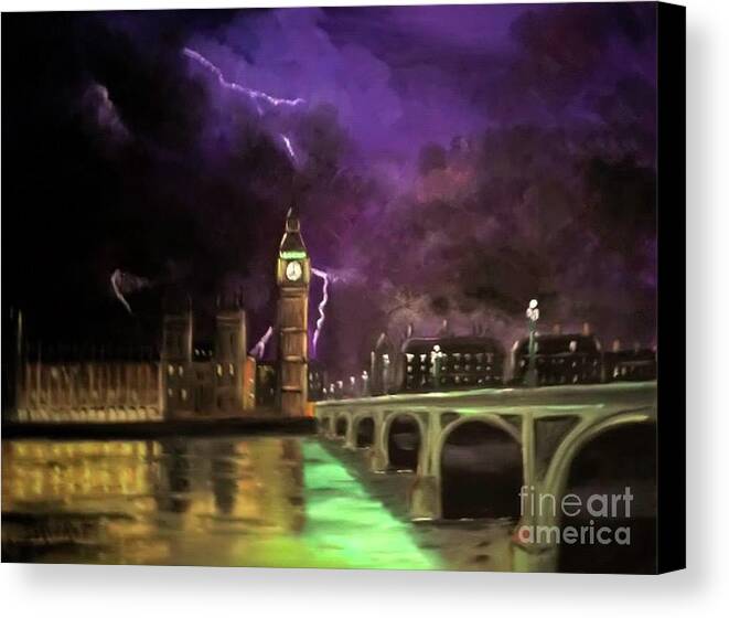 Lightning Over Westminster By Derek Rutt Canvas Print featuring the painting Lightning Over Westminster by Derek Rutt