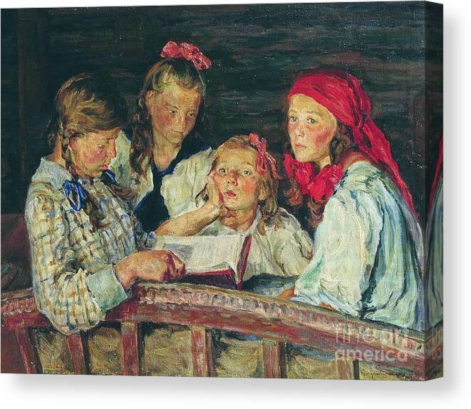 Reading A Book By Belsky Canvas Print featuring the painting Reading A Book by Nikolay Petrovich-Belsky