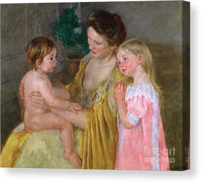 Mother And Two Children By Cassatt Canvas Print featuring the painting Mother And Two Children by Cassatt
