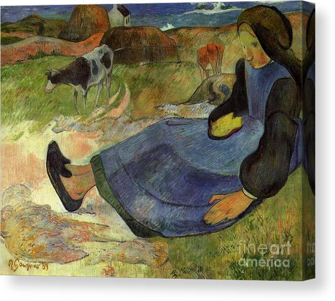 Seated Breton Girl By Gauguin Canvas Print featuring the painting Seated Breton Girl by Gauguin