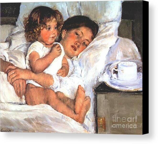 Breakfast In Bed By Mary Cassatt Canvas Print featuring the painting Breakfast In Bed by Cassatt