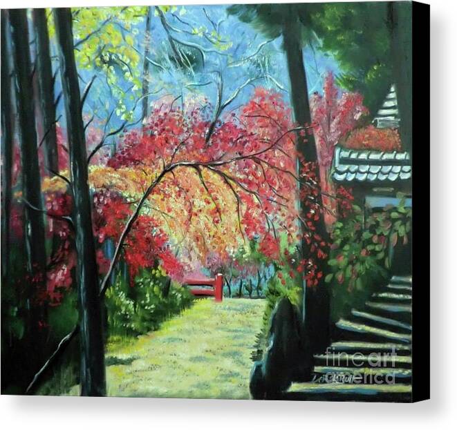 Entrance To A Japanese Temple By Derek Rutt Canvas Print featuring the painting Entrance To A Japanese Temple by Derek Rutt