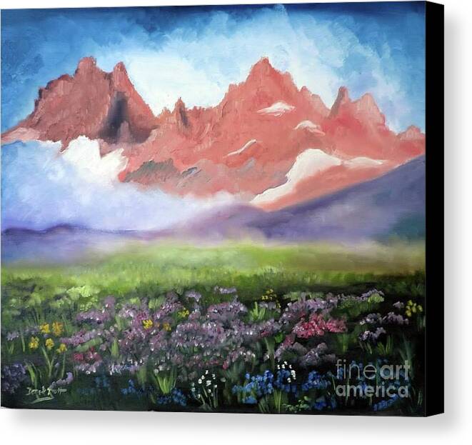 Mountains Mist And Wildflowers By Derek Rutt Canvas Print featuring the painting Mountains, Mist, And Wildflowers by Derek Rutt