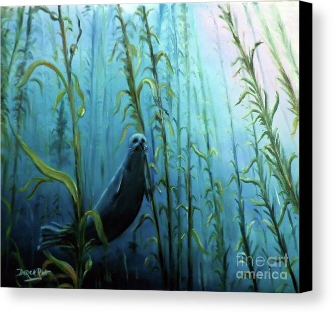 Seal And Seaweed By Derek Rutt Canvas Print featuring the painting Seal And Seaweed by Derek Rutt