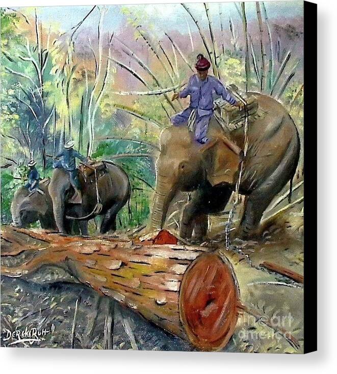 Logging Elephants In Northern Thailand By Derek Rut Canvas Print featuring the painting Logging Elephants Northern Thailand by Derek Rutt