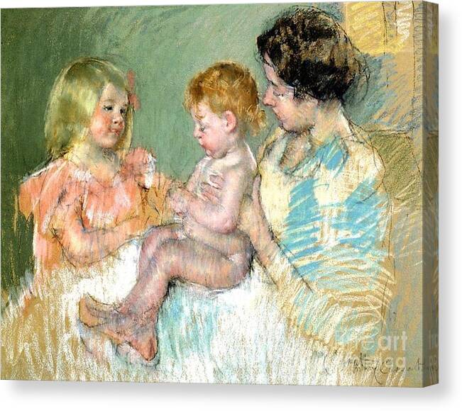Sarah And Her Mother With Baby By Cassatt Canvas Print featuring the painting Sarah And Her Mother With Baby by Cassatt