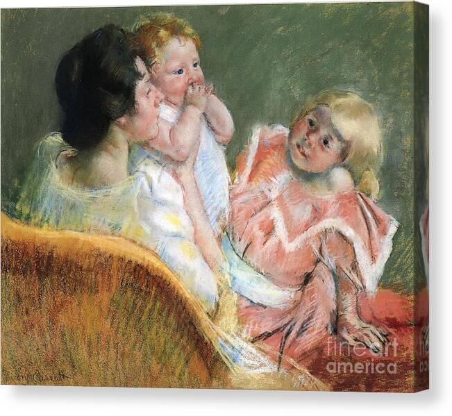 Mother And Two Children By Cassatt Canvas Print featuring the painting Mother And Two Children by Cassatt