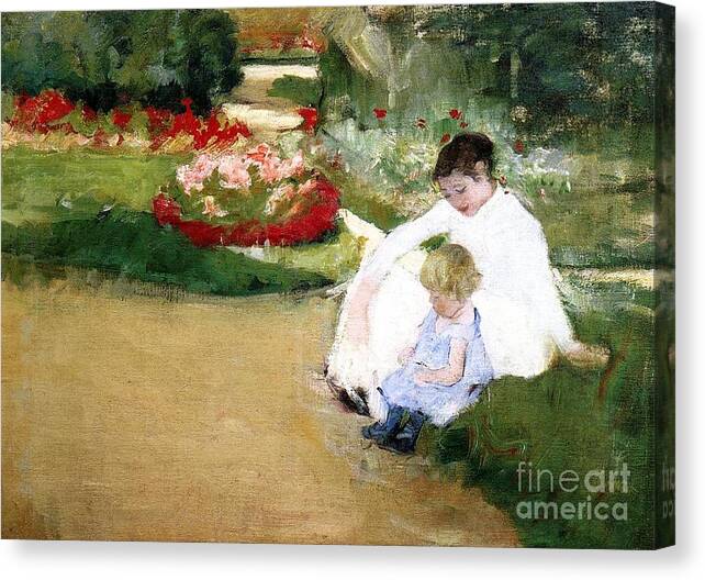 Woman And Child Sitting In A Garden By Cassatt Canvas Print featuring the painting Woman And Child Sitting In At Garden by Cassatt