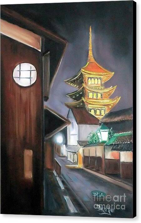 Japanese Village At Night By Derek Rutt Canvas Print featuring the painting Japanese Village At Night by Derek Rutt