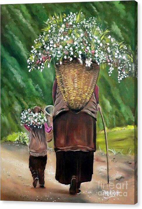 Taking Their Flowers To Market By Derek Rutt Canvas Print featuring the painting Taking Their Flowers To Market by Derek Rutt