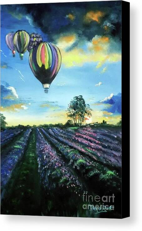 Hot Air Over Tuscany Lavender At Sunset By Derek Rutt Canvas Print featuring the painting Hot Air Over Tuscany Lavender At Sunset by Derek Rutt