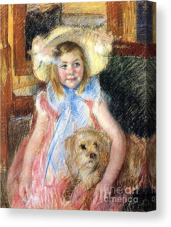 Sarah In A Large Flowered Hat Holding Her Dog By Cassatt Canvas Print featuring the painting Sarah In A Large Flowered Hat Holding Her Dog by Cassatt