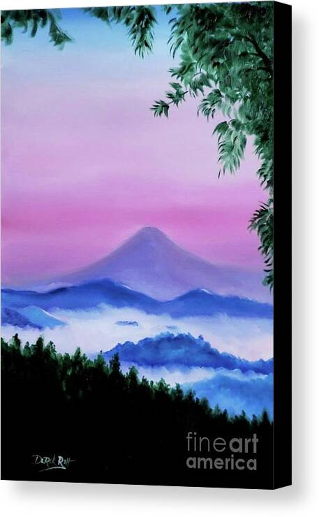 Dawn At Mount Fuji Japan By Derek Rutt Canvas Print featuring the painting Dawn At Mount Fuji Japan by Derek Rutt