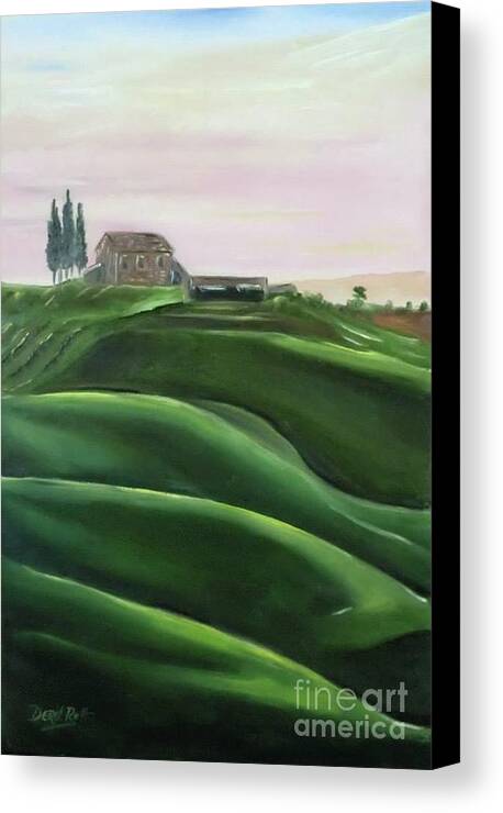 The Rolling Green Fields Of Tuscany By Derek Rutt Canvas Print featuring the painting The Rolling Green Fields Of Tuscany by Derek Rutt
