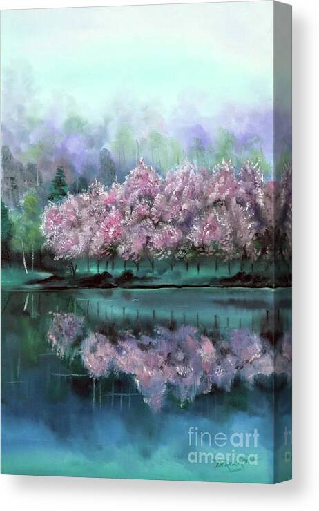Pink Reflections In Japan By Derek Rutt Canvas Print featuring the painting Pink Reflections In Japan by Derek Rutt