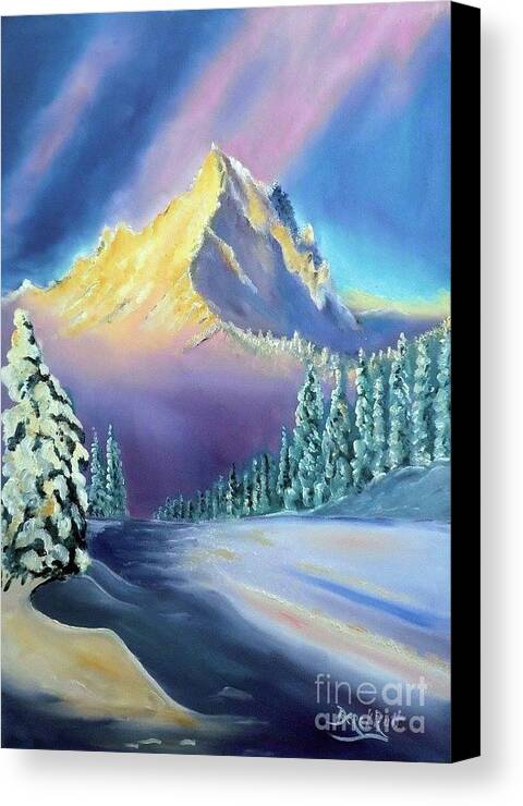 Sunlit Mountain Of Snow By Derek Rutt Canvas Print featuring the painting Sunlit Mountain Of Snow by Derek Rutt