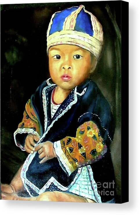 Hill Tribe Baby In Everyday Clothes By Derek Rutt Canvas Print featuring the painting Hill Tribe Baby In Everyday Clothes by Derek Rutt