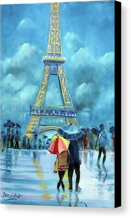 The Eiffel Tower In The Rain By Derek Rutt Canvas Print featuring the painting The Eiffel Tower In The Rain by Derek Rutt