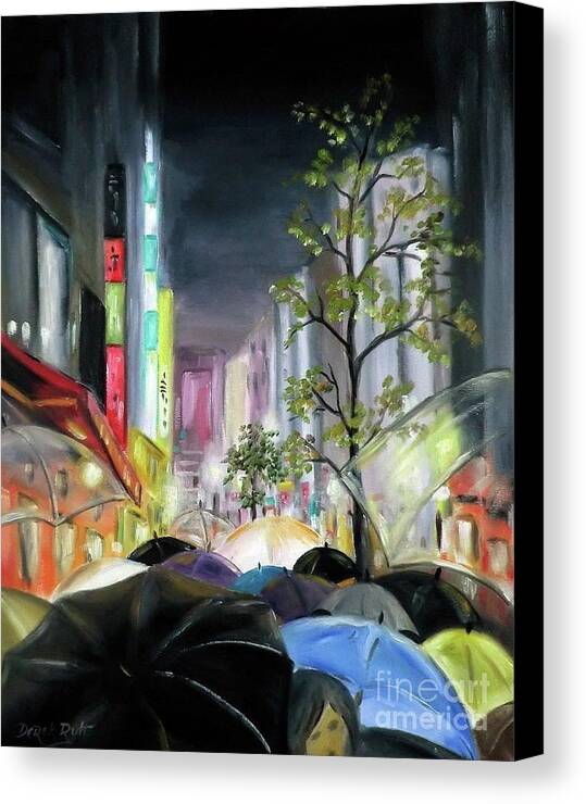 Umbrella Street By Derek Rutt Canvas Print featuring the painting Umbrella Street by Derek Rutt