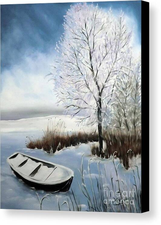 Snow Boat To Where? By Derek Rutt Canvas Print featuring the painting Snow Boat To Where? by Derek Rutt