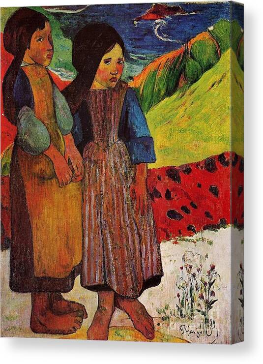 Breton Girls By The Sea By Gauguin Canvas Print featuring the painting Breton Girls By The Sea by Gauguin