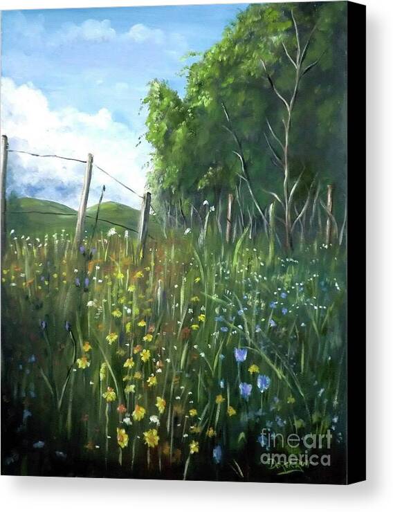 Long Grass And Wildflowers By Derek Rutt Canvas Print featuring the painting Long Grass And Wildflowers by Derek Rutt