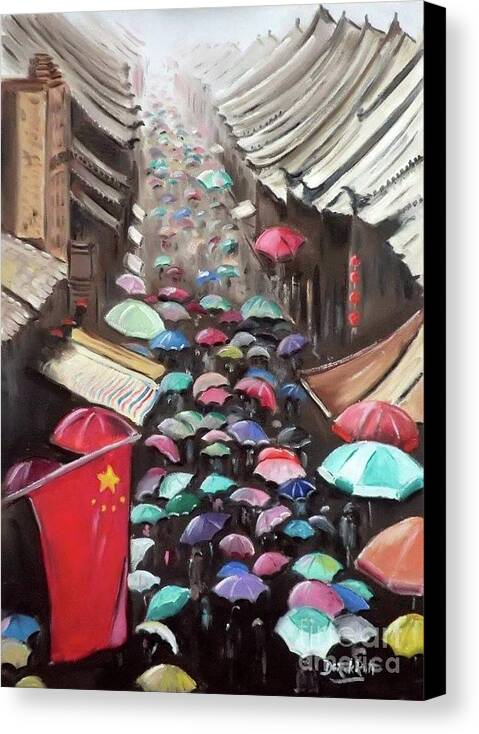 Umbrella Street In China By Derek Rutt Canvas Print featuring the painting Umbrella Street In China by Derek Rutt