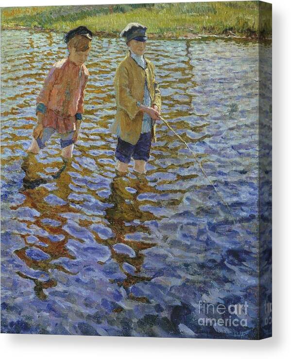 Boys Fishing By Belsky Canvas Print featuring the painting Boys Fishing by Nikolay Petrovich-Belsky