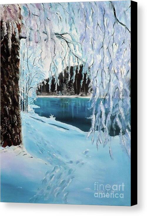 Snow By The Lake By Derek Rutt Canvas Print featuring the painting Snow By The Lake by Derek Rutt