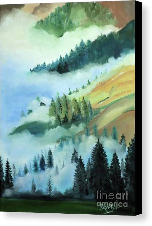 Spring Mist On The Hillside By Derek Rutt Canvas Print featuring the painting Spring Mist On The Hillside by Derek Rutt