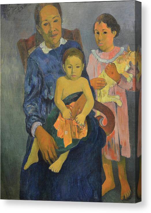 Tahitian Woman And Two Children By Gauguin Canvas Print featuring the painting Tahitian Woman And Two Children by Gauguin