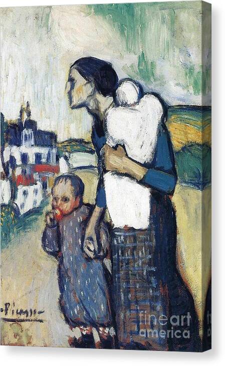 The Mother Leading Two Children By Picasso Canvas Print featuring the painting The Mother Leading Two Children by Picasso
