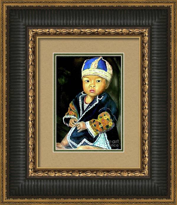 Hill Tribe Baby In Everyday Clothes By Artist Derek Rutt Framed Print featuring the painting Hill Tribe Baby In Everyday Clothes by Derek Rutt
