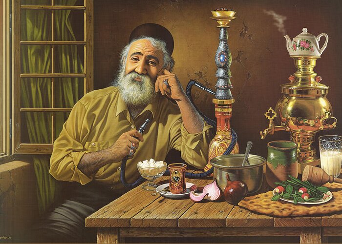 Persian Photography Greeting Card featuring the painting Old Man Smoking Water Pipe by Salma