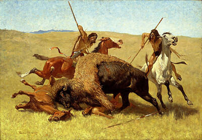 Hunt Painting - The Buffalo Hunt by Frederic Remington