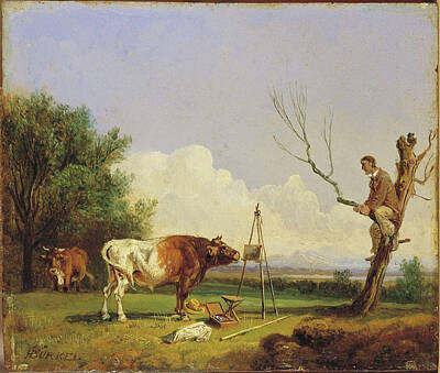 Heinrich Buerkel Painting - Bull And Painter by Heinrich Buerkel