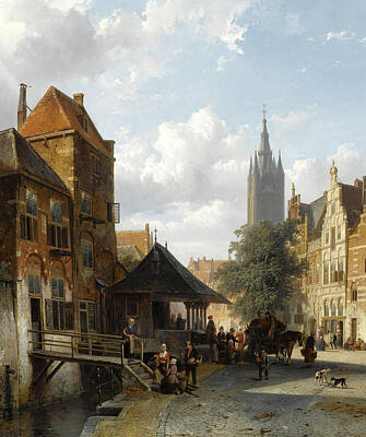 Delft Painting - Figures At The Fish Market In Delft by Cornelis Springer