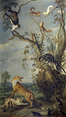 Frans Snyders Painting - Fox And Cat by Frans Snyders