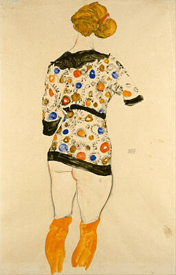 Egon Schiele Drawing - Standing Woman In A Patterned Blouse by Egon Schiele