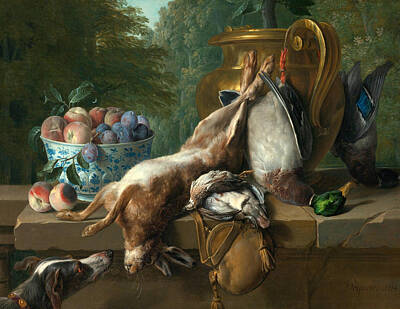 Desportes Painting - Still Life Of Game With A Bowl Of Plum And Peaches by Alexandre-Francois Desportes