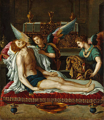 Angel Painting - The Body Of Christ Anointed By Two Angels by Alessandro Allori