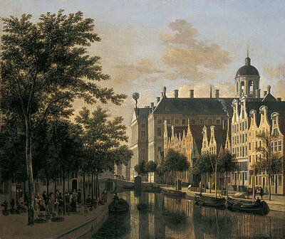 Amsterdam Painting - The Nieuwezijds Voorburgswal With The Flower Market Amsterdam by Gerrit Adriaenszoon Berckheyde