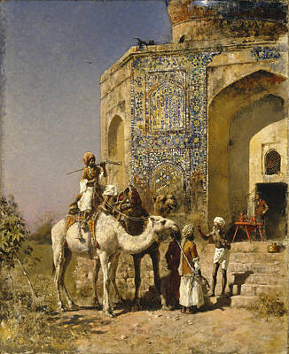 Camel Painting - The Old Blue-tiled Mosque Outside Of Delhi India by Edwin Lord Weeks