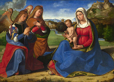 Angel Painting - The Virgin And Child Adored By Two Angels by Andrea Previtali