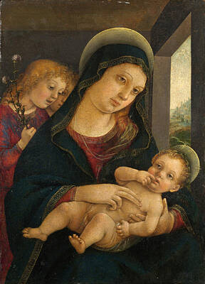 Angel Painting - The Virgin And Child With Two Angels by Liberale da Verona