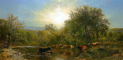 James Mcdougal Hart Painting - Cows Watering by James McDougal Hart