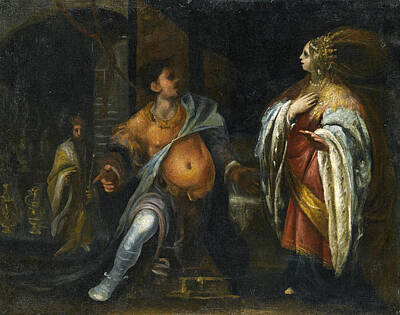  Painting - A Biblical Subject Probably Esther Standing Before Haman Behind Them King Ahasuerus by Cecco Bravo